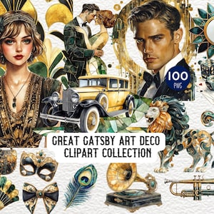 Great Gatsby Art Deco Clipart Bundle, Roaring 20s PNG, Vintage Party Digital Art, Gatsby Invitation Graphics, 1920s Party PNG, Vintage Glam