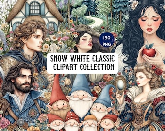 Snow White Clipart Bundle, Fairytale Princess, Snow White Watercolor Clipart, Princess PNG, Seven Dwarfs, Cute Dwarfs PNG, Fairytale Design