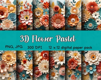 May include: A digital paper pack featuring a collection of 3D flower designs in pastel colors. The image displays various floral arrangements in shades of orange, yellow, blue, and white. The text "3D Flower Pastel" is displayed on a teal background.