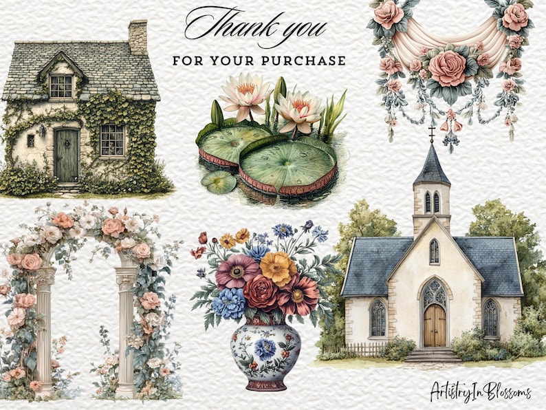 May include: A digital illustration set featuring watercolor-style images of a cottage, a church, a floral archway, a bouquet of flowers in a vase, and water lilies. The set includes the text "Thank you for your purchase".