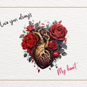 Puede incluir: Un coraz&oacute;n anat&oacute;mico dorado con rosas rojas y hojas verdes. El texto "Love you always" est&aacute; escrito en negro en la parte superior de la imagen y "My heart" est&aacute; escrito en rosa en la parte inferior.
