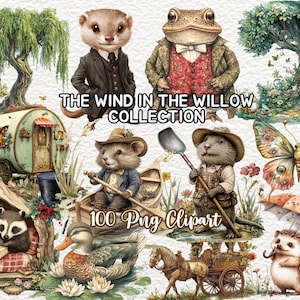 Clipart aquarelle du vent dans les saules | Personnages classiques de Kenneth Grahame | taupe, ratty, crapaud, blaireau | Illustrations de livres pour enfants