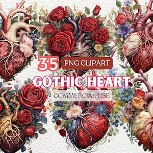 Puede incluir: Un conjunto de 35 im&aacute;genes de clipart digital que presentan corazones anat&oacute;micos con arreglos florales. Los corazones se representan en un estilo g&oacute;tico con detalles intrincados y est&aacute;n rodeados de rosas rojas, flores azules y hojas verdes.