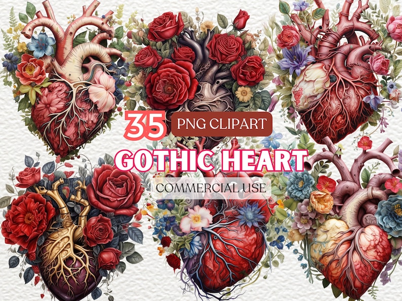 Puede incluir: Un conjunto de 35 im&aacute;genes de clipart digital que presentan corazones anat&oacute;micos con arreglos florales. Los corazones se representan en un estilo g&oacute;tico con detalles intrincados y est&aacute;n rodeados de rosas rojas, flores azules y hojas verdes.