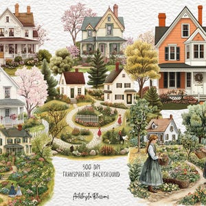 Puede incluir: Una ilustraci&oacute;n digital de un barrio pintoresco con casas, &aacute;rboles, flores y personas caminando por un sendero. Las casas est&aacute;n pintadas en colores pastel y tienen vallas blancas de madera. Los &aacute;rboles son verdes y exuberantes, y las flores est&aacute;n en flor. Las personas visten ropa vintage y sonr&iacute;en. La ilustraci&oacute;n est&aacute; sobre un fondo blanco.
