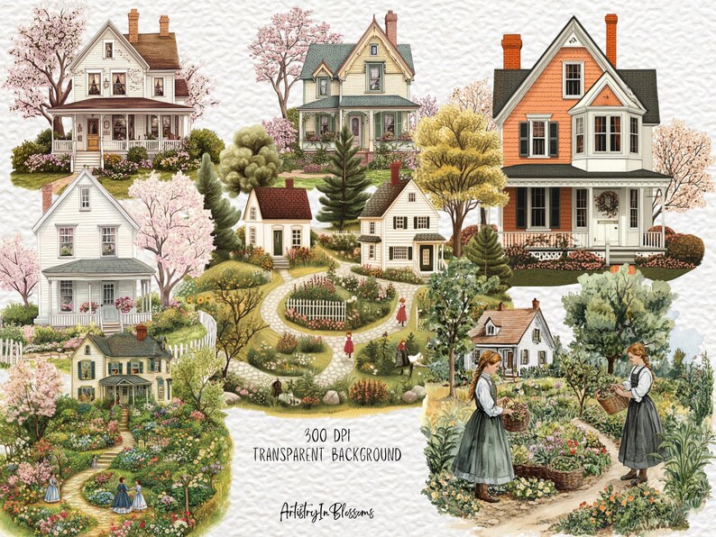 Puede incluir: Una ilustraci&oacute;n digital de un barrio pintoresco con casas, &aacute;rboles, flores y personas caminando por un sendero. Las casas est&aacute;n pintadas en colores pastel y tienen vallas blancas de madera. Los &aacute;rboles son verdes y exuberantes, y las flores est&aacute;n en flor. Las personas visten ropa vintage y sonr&iacute;en. La ilustraci&oacute;n est&aacute; sobre un fondo blanco.