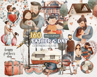 May include: A set of 160 watercolor illustrations for Father's Day. The illustrations feature fathers and children, hearts, a camper van, a grill, a soccer ball, a mustache, a hat, and a suitcase. The illustrations are in a cartoon style and are perfect for creating cards, invitations, and other crafts.