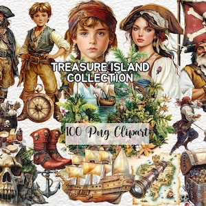 Collection de cliparts de l'île au trésor, PNG classique inspiré du roman, clipart aventure de pirate, ensemble de cliparts au trésor de pirate, art de l'île au trésor