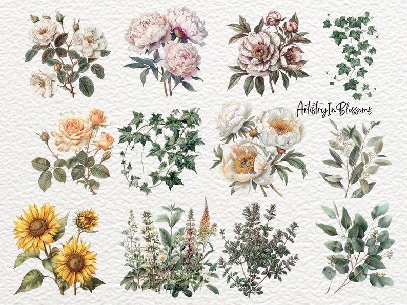 Pu&ograve; includere: Una collezione di illustrazioni ad acquerello con vari fiori e piante verdi, tra cui rose, peonie, girasoli, edera ed eucalipto. Le illustrazioni sono in stile vintage e hanno un'atmosfera morbida e romantica. Il testo "Artistry In Blossoms" &egrave; visibile nell'angolo in alto a destra dell'immagine.