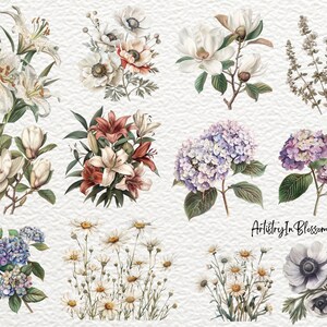 Pu&ograve; includere: Un'illustrazione digitale di vari bouquet di fiori, tra cui gigli bianchi, anemoni bianchi, gigli rossi, ortensie viola, margherite bianche e anemoni bianchi. I fiori sono disposti in una griglia su uno sfondo bianco. Il testo "Artistry In Blossoms" &egrave; nella parte inferiore dell'immagine.