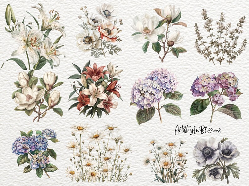 Pu&ograve; includere: Un'illustrazione digitale di vari bouquet di fiori, tra cui gigli bianchi, anemoni bianchi, gigli rossi, ortensie viola, margherite bianche e anemoni bianchi. I fiori sono disposti in una griglia su uno sfondo bianco. Il testo "Artistry In Blossoms" &egrave; nella parte inferiore dell'immagine.