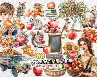 Watercolor Apple Clipart Bundle | Watercolor Red Apple Clipart | Watercolor Fruits Clipart | Fruit Clip Art | Apple Pie Clipart | Apple Png