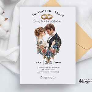 May include: Wedding invitation with a watercolor illustration of a couple in a floral wreath. The invitation includes the date, time, and location of the wedding. The text reads "Invitation Party Join us for a fun celebration! Sat 25 Nov 11 o'clock in the morning 123, Main Street Anywhere in the world Reception to follow Artistry In Blossoms"