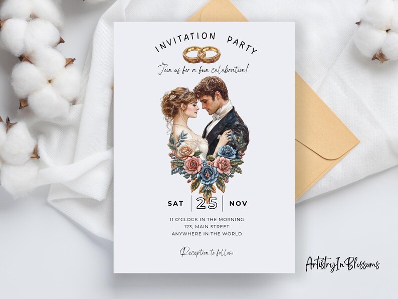 May include: Wedding invitation with a watercolor illustration of a couple in a floral wreath. The invitation includes the date, time, and location of the wedding. The text reads "Invitation Party Join us for a fun celebration! Sat 25 Nov 11 o'clock in the morning 123, Main Street Anywhere in the world Reception to follow Artistry In Blossoms"