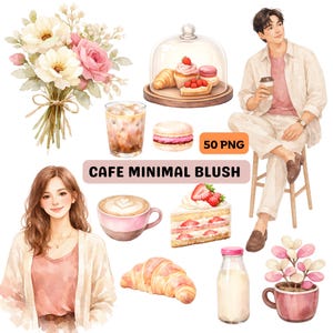May include: Watercolor illustration featuring cafe-themed elements. Includes a bouquet of flowers, pastries under a glass dome, a cup of coffee, a slice of cake, a croissant, and a bottle of milk. The text "CAFE MINIMAL BLUSH" is also present.