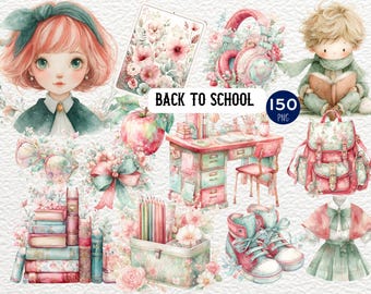 Back to School Clipart, Cute School Supplies PNG, Teacher Clipart, Digital Download, Watercolor Art Bundle, Watercolor Teacher Clipart