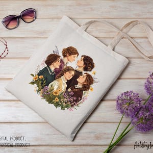 Puede incluir: Una bolsa de tela blanca con un dise&ntilde;o de cinco mujeres con flores y vegetaci&oacute;n. Las mujeres llevan diferentes atuendos y tienen diferentes peinados. El dise&ntilde;o es de estilo vintage.