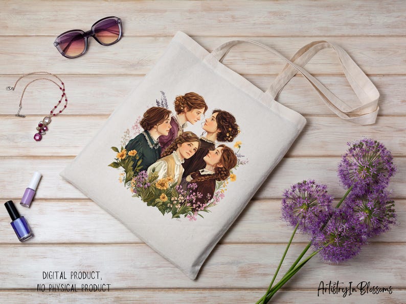 Puede incluir: Una bolsa de tela blanca con un dise&ntilde;o de cinco mujeres con flores y vegetaci&oacute;n. Las mujeres llevan diferentes atuendos y tienen diferentes peinados. El dise&ntilde;o es de estilo vintage.