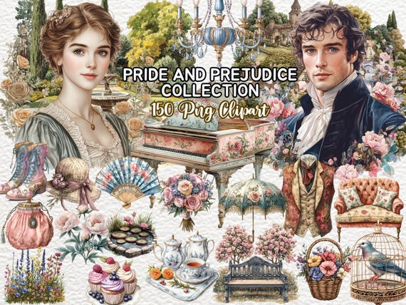 Watercolor Pride and Prejudice Clipart Set | Watercolor Jane Austen Art | Regency Era Digital Graphics | Regency Wedding Invitations