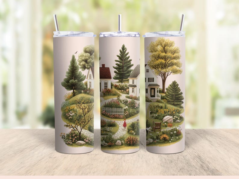 Puede incluir: Tres vasos de acero inoxidable con fondo blanco y una ilustraci&oacute;n colorida de un camino sinuoso a trav&eacute;s de un peque&ntilde;o pueblo con casas y &aacute;rboles.
