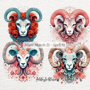 May include: Four colorful illustrations of a ram's head with intricate floral designs. The ram's head is in shades of blue, green, pink, and red. The text "Aries: March 21 - April 19" is below the top two illustrations. The text "Artistry In Blossoms" is below the bottom two illustrations.