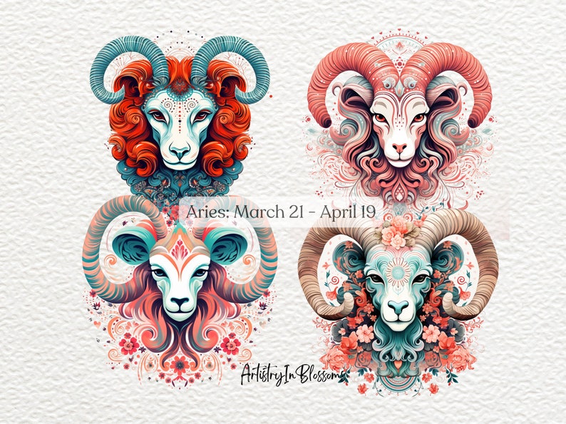 May include: Four colorful illustrations of a ram's head with intricate floral designs. The ram's head is in shades of blue, green, pink, and red. The text "Aries: March 21 - April 19" is below the top two illustrations. The text "Artistry In Blossoms" is below the bottom two illustrations.
