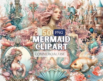 Watercolor Mermaid Clipart, Mermaid Png, Sea Clipart, Ocean Clipart, Mermaid Clipart Bundle, Under The Sea, Mermaid Tail, Mermaid Layer