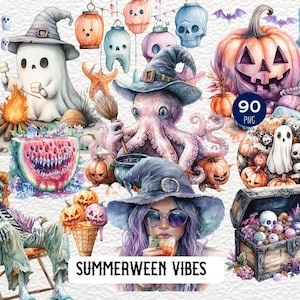Summerween Vibes Clipart Bundle | Spooky Beach PNG | Halloween Summer Graphics | Cute Ghosts, Pumpkins, Ice Cream, Instant Download