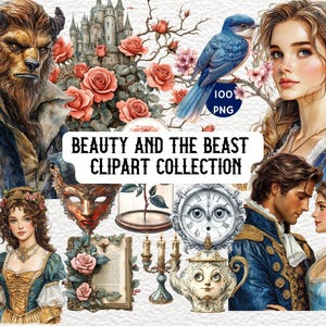 Beauty and the Beast Clipart, Belle PNG, Princess Clipart, Watercolor Beauty and the Beast, Beauty and the Beast PNG, Cute Beauty the Beast