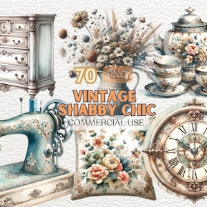 Watercolor Vintage Shabby Chic Clipart, Watercolor Sewing Clipart,  Cottagecore Clipart Png, Printable Art Vintage Watercolor