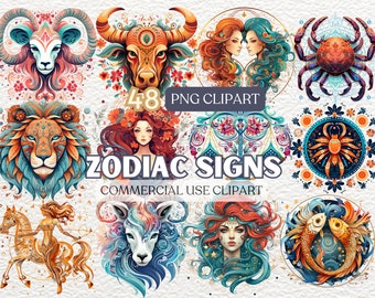 Watercolor Zodiac Signs Clipart, Horoscope Png Bundle, Zodiac Signs Clipart Png, Astrology Gift, Astrology Clipart Set, Celestial Zodiac Art