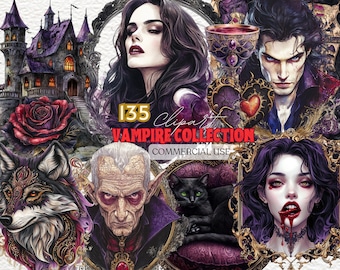 May include: A digital clipart collection of 135 vampire-themed images for commercial use. The images include a gothic castle, a rose, a wolf, a vampire, a cat, and a heart.