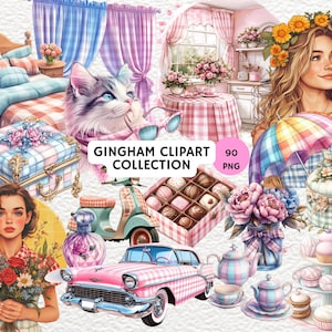 Gingham Clipart Set, Check Picnic Design, Watercolor Bows, Vintage Clipart, Grandmillennial Clipart, Farm Gingham Clipart, Gingham Bows Png