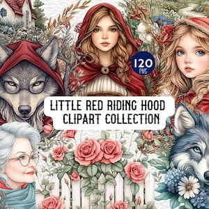 Little Red Riding Hood Clipart Bundle, Fairy Tale Digital Download, Art Print, Fairy Tale Wall Decor, Kids Room Illustration, Classic Story