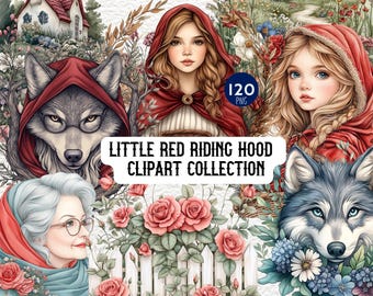 Può includere: Una collezione di clipart digitale con Cappuccetto Rosso, un lupo e una nonna. La collezione include 120 immagini PNG di vari personaggi e oggetti della fiaba, tra cui fiori, un cestino e una casa.