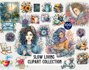 Slow Living Clipart Bundle, Slow Life Art, Mindful Life PNG, Self Care Digital Art, Mental Health Graphics, Calm Lifestyle Instant Download