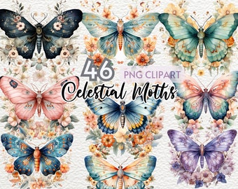 Watercolor Celestial Moth Clipart, Ethereal Moth Art, Celestial Insect Clipart, Whimsical Celestial Moths, Commercial Use, Mystical Moths