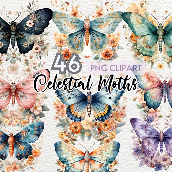 Watercolor Celestial Moth Clipart, Ethereal Moth Art, Celestial Insect Clipart, Whimsical Celestial Moths, Commercial Use, Mystical Moths