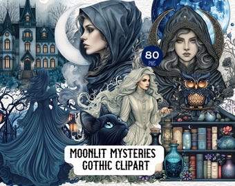 Mondlicht Gothic Clipart, Dark Fantasy Kunst, Gothic Art Set, Dunkel Ästhetische Clipart, Gothic Illustration, Gruselig Vintage, Gothic Ephemera Kunst