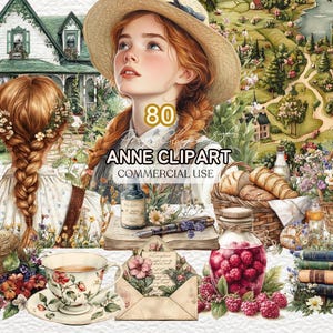 Op de afbeelding: Een digitale clipartset met een jonge vrouw met rood haar die een strohoed draagt, een kopje thee, een boek, een pot jam, een mand met brood en een stapel boeken. De clipart is geplaatst tegen een achtergrond van een fantasierijk dorpsscene.