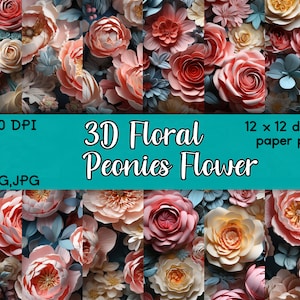 3D Peonies Flowers,Floral Seamless Pattern, Digital Paper, Peonies Art, Digital Download, Floral Background, Botanical Art, 12 Designs
