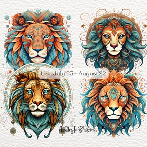 May include: Four colorful lion head illustrations with intricate details and a mandala-like design. The text "Leo: July 23 - August 22" is below the top two lions. The text "Artistry In Blossoms" is below the bottom two lions.