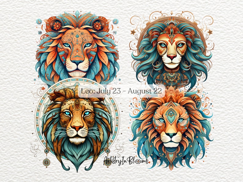 May include: Four colorful lion head illustrations with intricate details and a mandala-like design. The text "Leo: July 23 - August 22" is below the top two lions. The text "Artistry In Blossoms" is below the bottom two lions.