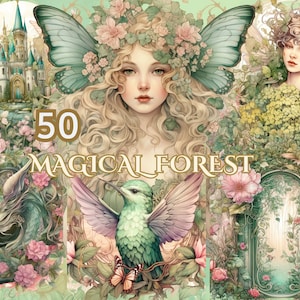 水彩の森のクリップアート、魔法の森、妖精の森、キノコのクリップアート、森のクリップアート、森林への入り口、木のアート、魔法の森