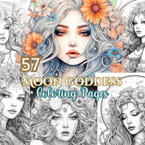 Moon Goddess Spiritual Coloring Page, Pagan Coloring, Celestial Coloring Pages, God Coloring, Magical Coloring Page, Fantasy Coloring Page
