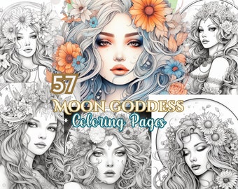 Page de coloriage spirituel de la déesse de la lune, coloriage païen, pages de coloriage célestes, coloriage de Dieu, page de coloriage magique, page de coloriage fantastique