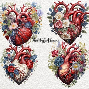 Puede incluir: Cuatro ilustraciones digitales de un coraz&oacute;n humano con detalles intrincados, rodeadas de flores y follaje vibrantes. Los corazones son rojos y blancos, con venas y arterias visibles. Las flores son en tonos de azul, rosa y blanco.