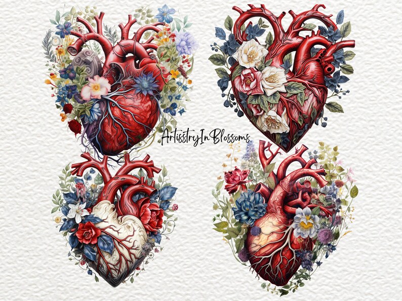 Puede incluir: Cuatro ilustraciones digitales de un coraz&oacute;n humano con detalles intrincados, rodeadas de flores y follaje vibrantes. Los corazones son rojos y blancos, con venas y arterias visibles. Las flores son en tonos de azul, rosa y blanco.