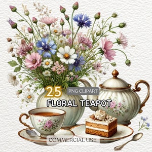 Floral Teapot Clipart, Watercolor Teapot With Flowers Clipart, Floral Tea Time Clipart, Cool Teapot.  Tea Time, Floral Teapot, Tea Party