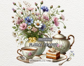 Floral Teapot Clipart, Watercolor Teapot With Flowers Clipart, Floral Tea Time Clipart, Cool Teapot.  Tea Time, Floral Teapot, Tea Party